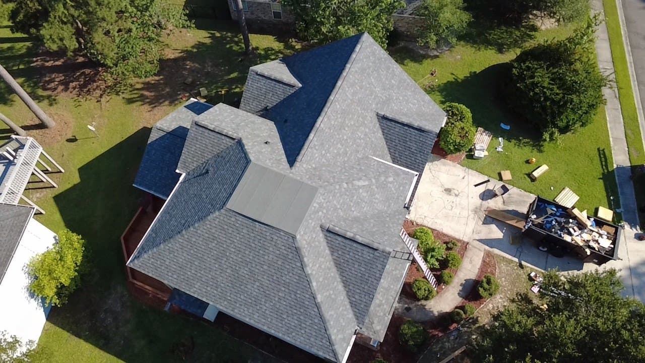 Quality Roof Replacement Services Aerial drone view of a completed roof replacement in Charleston SC